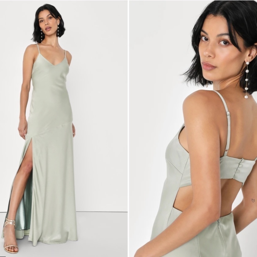 LULU's Bridesmaid Prom Wedding Sexy Open Back Satin Sage Green Maxi Dress